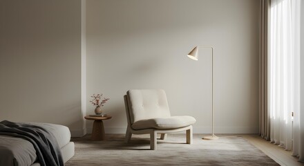 Warm minimalist bedroom corner with a comfortable accent chair, small wooden side table with dried flowers, and a stylish floor lamp.