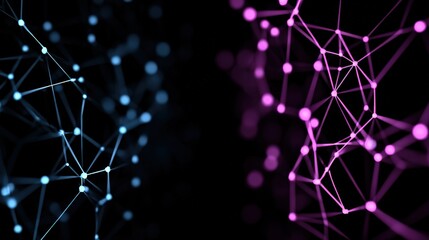 Abstract digital network illustration featuring blue and purple nodes connected by lines against a dark background.