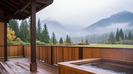 Cozy wooden deck with hot tub overlooking misty mountains and lush greenery in a tranquil setting