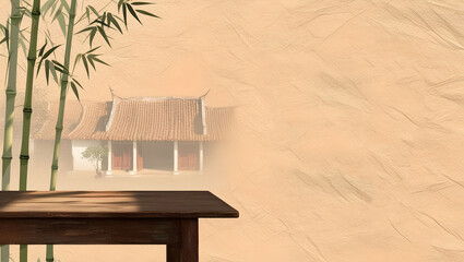 Traditional Asian Bamboo Landscape with Wooden Table Background.