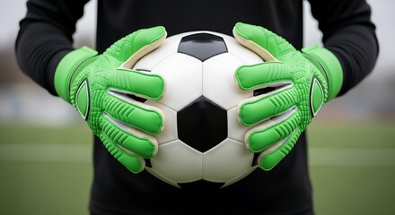 Closeup of goalkeepers hands in green gloves holding a soccer ball, ready to defend the goal isolated on white background