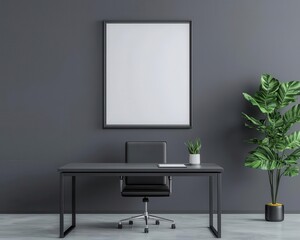 Executive workspace with matte black desk and minimalist art