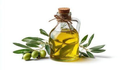 Olive oil in glass bottle with olives and leaves