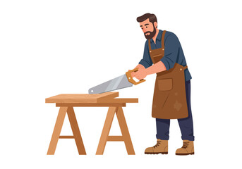 Carpenter cutting wood with a saw on a sawhorse wearing an apron boots and blue shirt