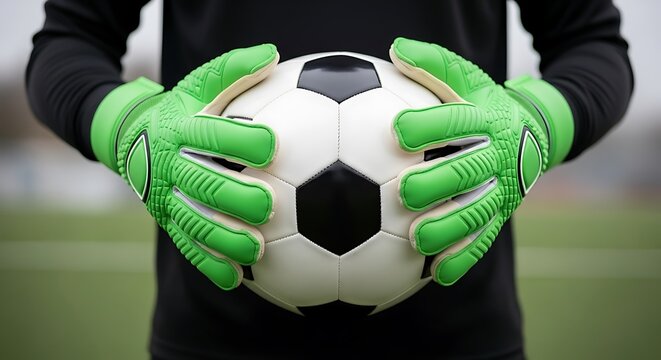 Closeup of goalkeepers hands in green gloves holding a soccer ball, ready to defend the goal isolated on white background - Powered by Adobe