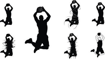 Basketball Slam Dunk Silhouettes in Five Stylized Variations with Motion Effects on White Background for Sports and Design Content