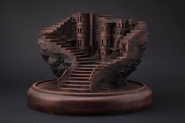 Intricate wooden carving of a sculpted city