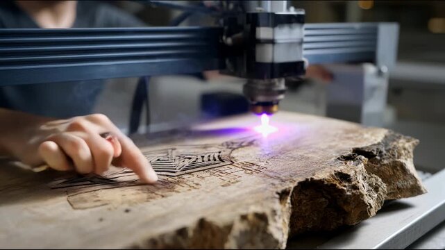 A laser machine engraves a pattern on a wooden surface while a hand adjusts the process nearby