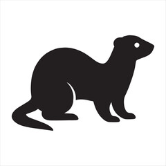 Silhouette of a sleek weasel standing alert with its tail extended on a white background