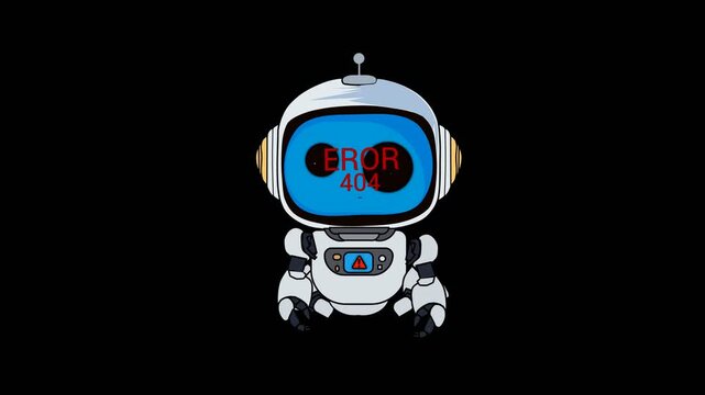  4K animation robot error message.404 Page not found error.Support service-center.Motion graphics footage. Video loop on black background.