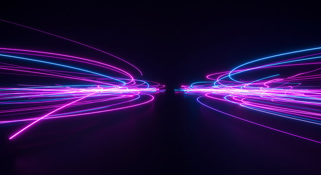 Abstract glowing lines of blue and pink light streaking forward into the darkness, creating a futuristic, dynamic motion effect
