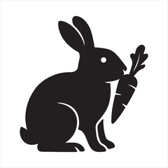 A black silhouette of a cute rabbit holding a carrot in its mouth on a white background