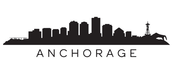 Fototapeta premium Anchorage skyline silhouette. Black Anchorage city design. Vector black silhouette. with white background