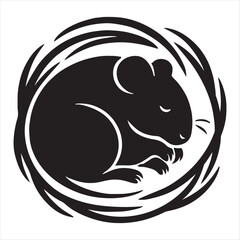 Stylized black silhouette of a rodent animal inside a circular abstract swirl pattern