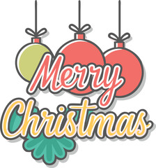 Merry Christmas text with hanging ornaments and tree