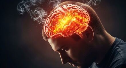 A conceptual image of a man with a glowing, smoking brain, symbolizing burnout, stress, mental health issues, and the consequences of overthinking
