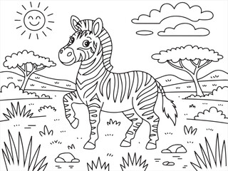 Cute Zebra in the Wild, Black and White Coloring Illustration for Children