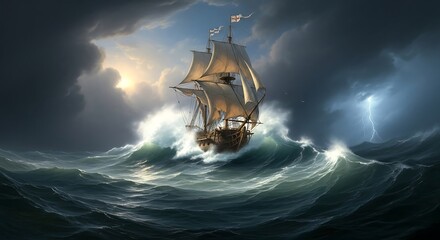 Dramatic painting of a ship sailing through a stormy sea, with towering waves and dark clouds, capturing the power and danger of the ocean during a tempest