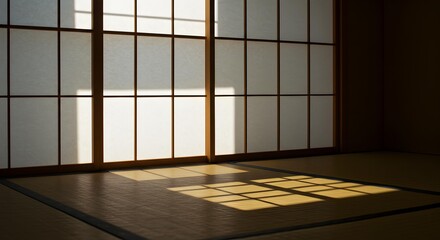 Abstract Sunlight Patterns on Tatami Floor through Traditional Japanese Shoji Screens