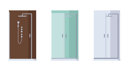 Modern shower stalls in flat design featuring diverse styles and colors