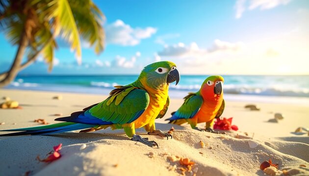 Colorful parrots on tropical beach