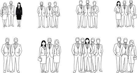 Business Team Illustrations in Varied Group Poses and Attire on White Background for Corporate, Editorial, and Design Content