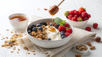Honey dripping into a bowl of yogurt with granola and berries on a white wooden table