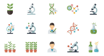Obraz premium Science laboratory icons: microscope, dna, chemistry, and botany elements