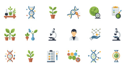 Obraz premium Flat laboratory and dna icons set: science symbols with plants and equipment