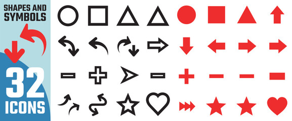 Collection of red geometric shapes arrows and symbols isolated on transparent background for design and illustration