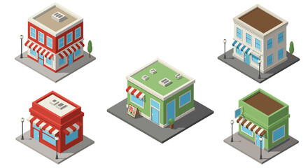 Isometric cityscape set with colorful small shops and cafes