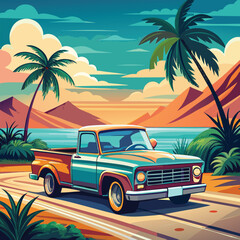 Vintage pickup truck drives along a coastal road with palm trees and mountains at sunset