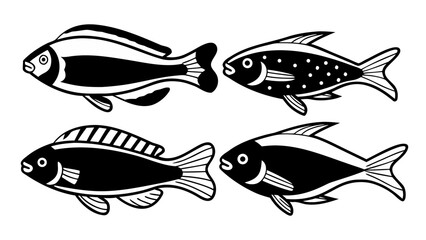 Geometric Fish Design: Showcasing a collection of stylized fish, rendered in bold black and white, perfect for graphic projects, bringing marine life aesthetics
