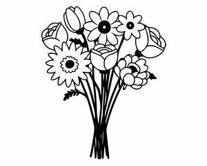 Elegant Floral Sketch: A delicate sketch showcases a bouquet of blossoms, featuring roses, daisies, and other flowers, hand-drawn with precision and artistry.