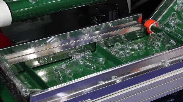 PET preforms. Making of Transparent PET plastic preforms move along automated conveyor belt in modern factory. Industrial production line concept for beverage bottles packaging automation recycling.
