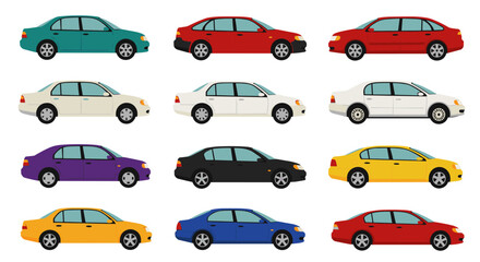 Colorful collection of various car models in flat style set on white background