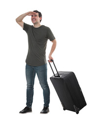 Contented man traveler carrying his rolling suitcase holding hand to forehead looking away in search for new travel adventures. Excited guy passenger portrait isolated on transparent background