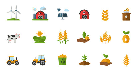 Sustainable farming elements set featuring agriculture and eco icons