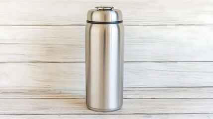 Isolated thermos in polished steel, photographed in 4K at 35mm focal length, bright soft light ensuring clear definition