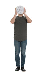Man covers his head using a wall clock. Casual guy, full length portrait, hiding face behind time isolated on transparent background