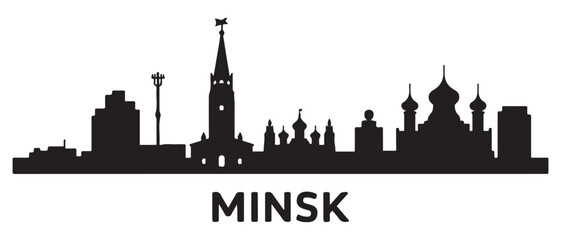 Fototapeta premium Minsk skyline silhouette. Black Minsk city design. Vector black silhouette. with white background