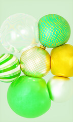 Festive Decorative Balls and Disco ball on green Background. 3d rendering