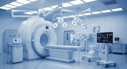 Advanced medical imaging equipment, including mri and robotic surgery systems, in a sterile, hightech hospital operating room environment