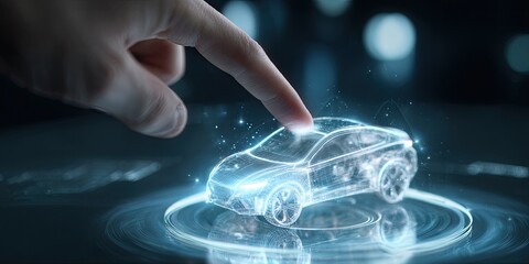 A hand interacts with a holographic car design
