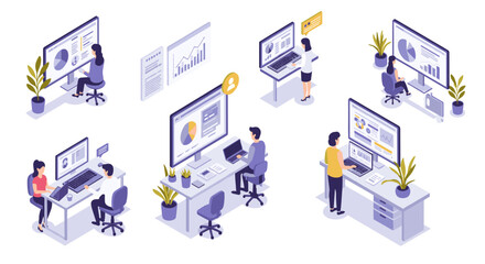 Obraz premium Office workers analyzing data on screens in isometric modern workspace