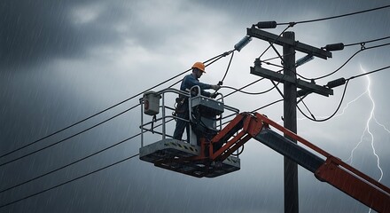 An electrician in a bucket truck repairs power lines during a thunderstorm, showcasing the challenges and risks of working in extreme weather conditions