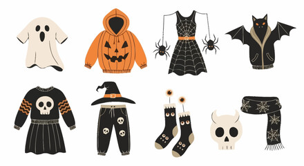 Spooky and fun Halloween costume ideas collection, featuring ghost, pumpkin, bat, and skull designs, perfect for seasonal promotions and themed event decorations.