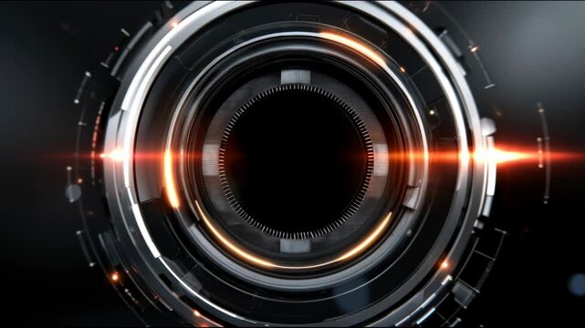 Abstract close-up of futuristic camera lens with orange light effects