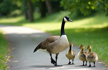 Fototapeta premium Canadian goose family walks on park path. Adult goose with black neck and brown striped body leads three fluffy goslings. Green grassy area and trees blur background. Outdoor nature scene.