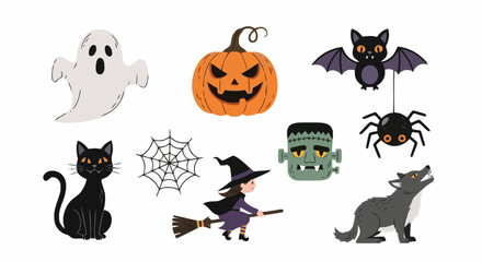 Obraz premium Whimsical Halloween Illustration Collection for Festive Decorations and Party Invitations, Ideal for Spooky Season Designs and Children's Creative Projects.